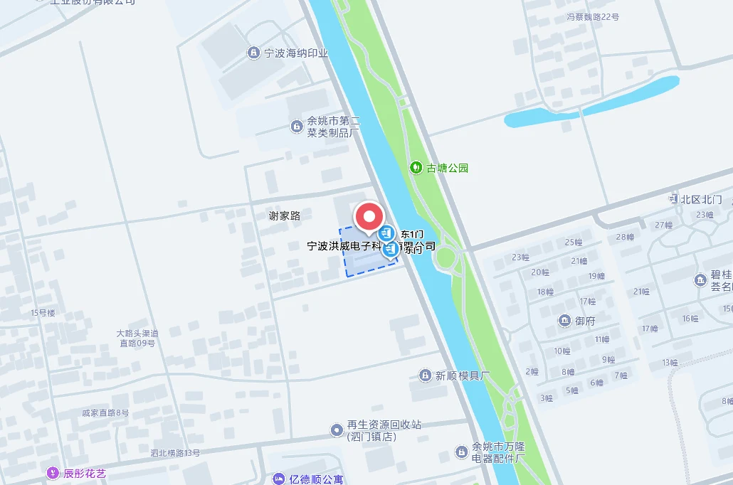 洪威智控位置示意图：浙江省余姚市泗门镇光明北路9号
